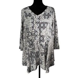 Westport Silver Blue Metallic Sweater Floral Knit Pullover V-Neck Asymmetrical